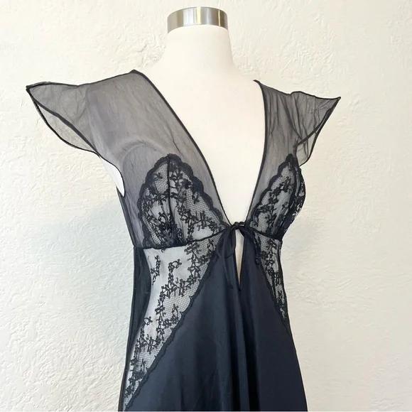 Vintage Sheer Black Mesh Satin Lingerie Nightgown Maxi Dress Goth Whimsigoth S/M - Picture 3 of 13